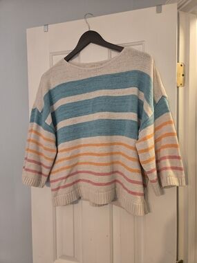 LOFT Petite Striped Sweater in Cream, Teal, Orange, Pink